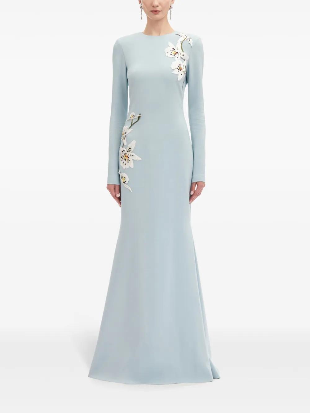 OSCAR DE LA RENTA Long Sleeve Orchid Threadwork Embroidered Cady Gown In Blue Product Image