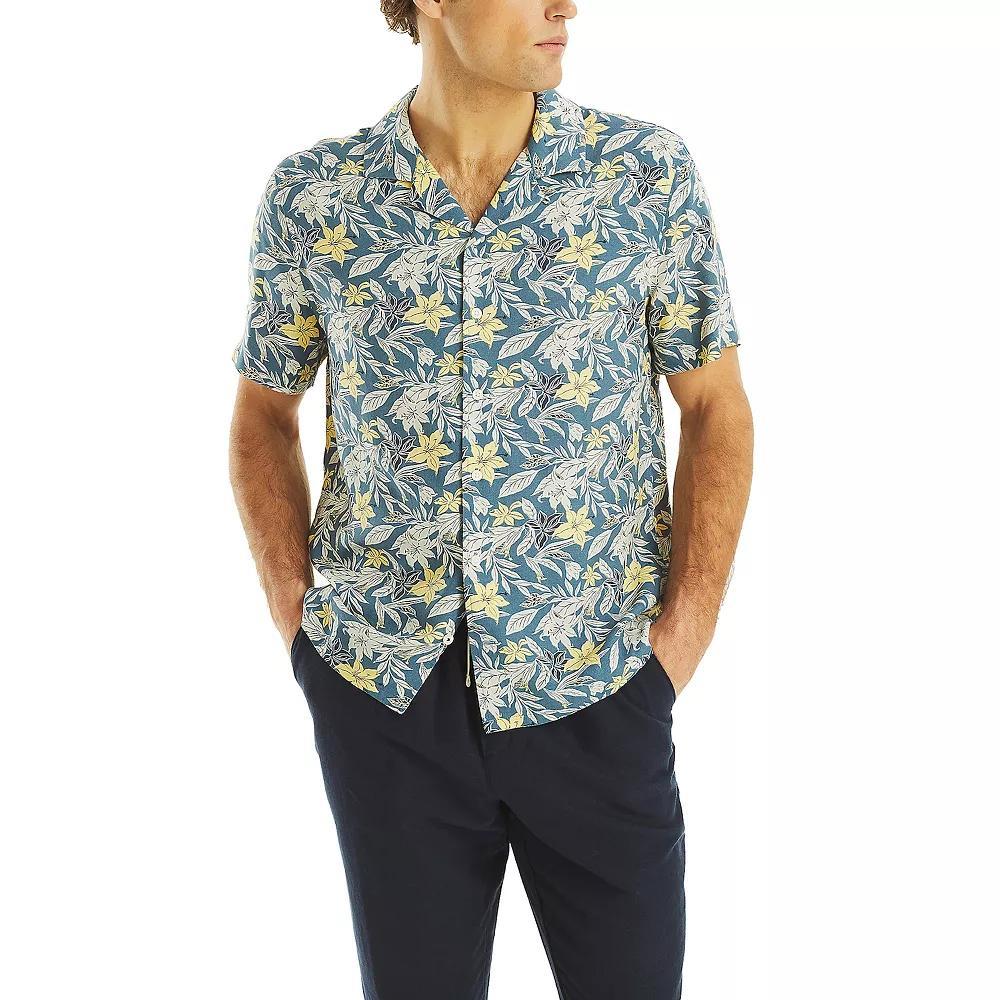 Men's Nautica Short Sleeve Printed Linen Button-Down Camp Shirt, Size: Medium, Blue Product Image