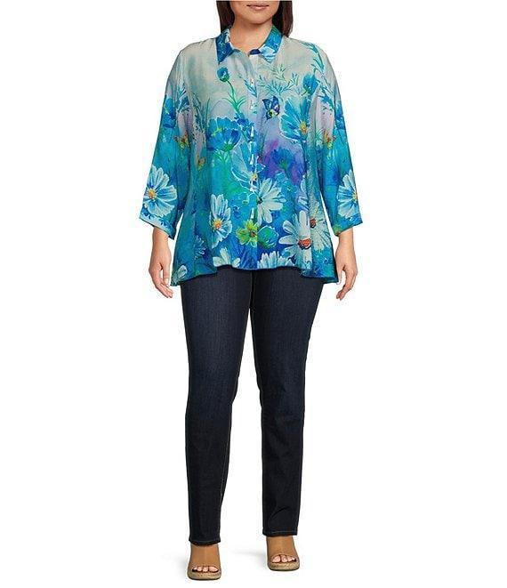 Ali Miles Plus Size Floral Butterfly Woven Printed Point Collar 3/4 Sleeve Button Front Tunic Product Image