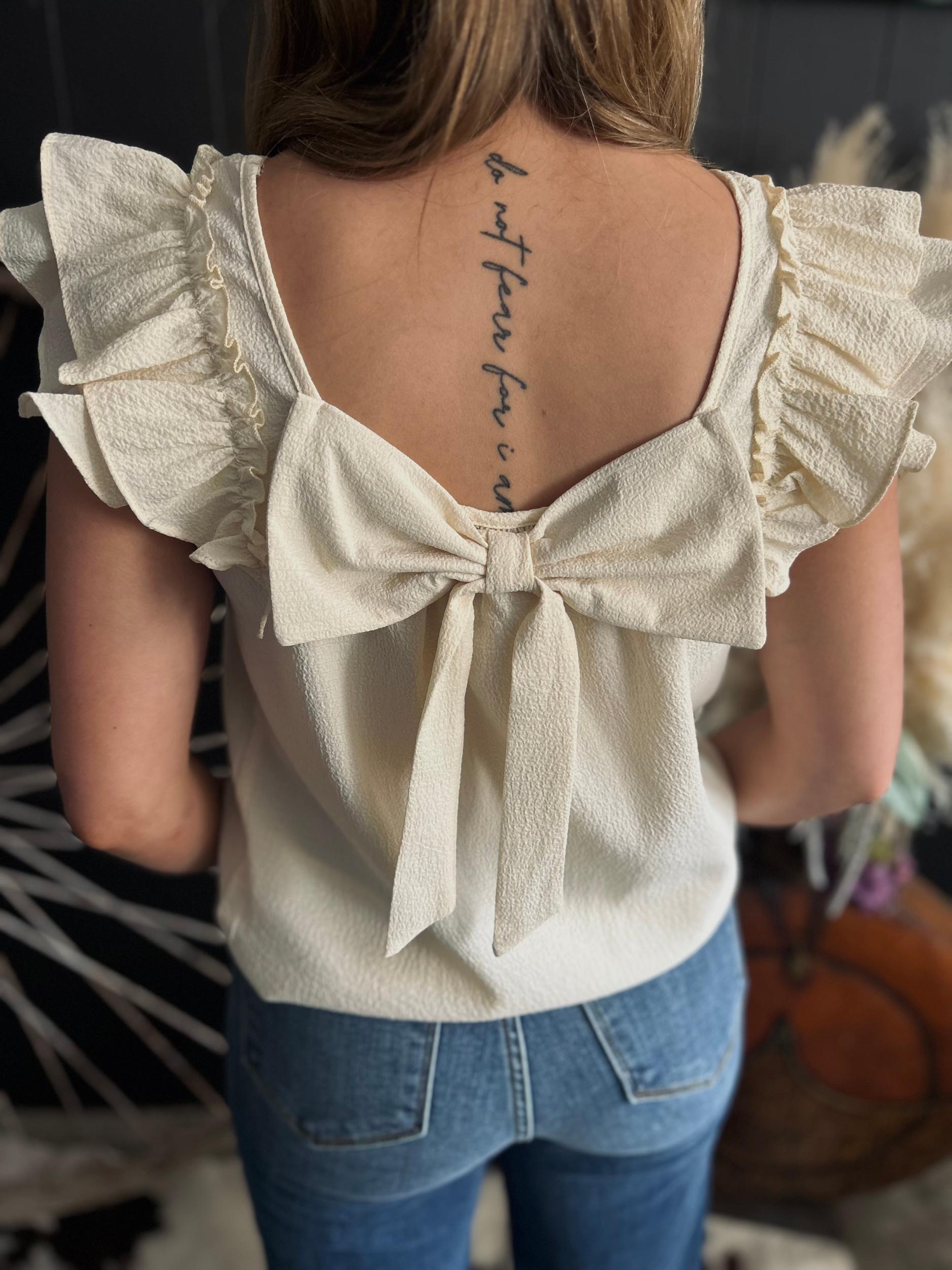 Textured Bow Frilled Butterfly Sleeve Blouse-3 Colors Product Image