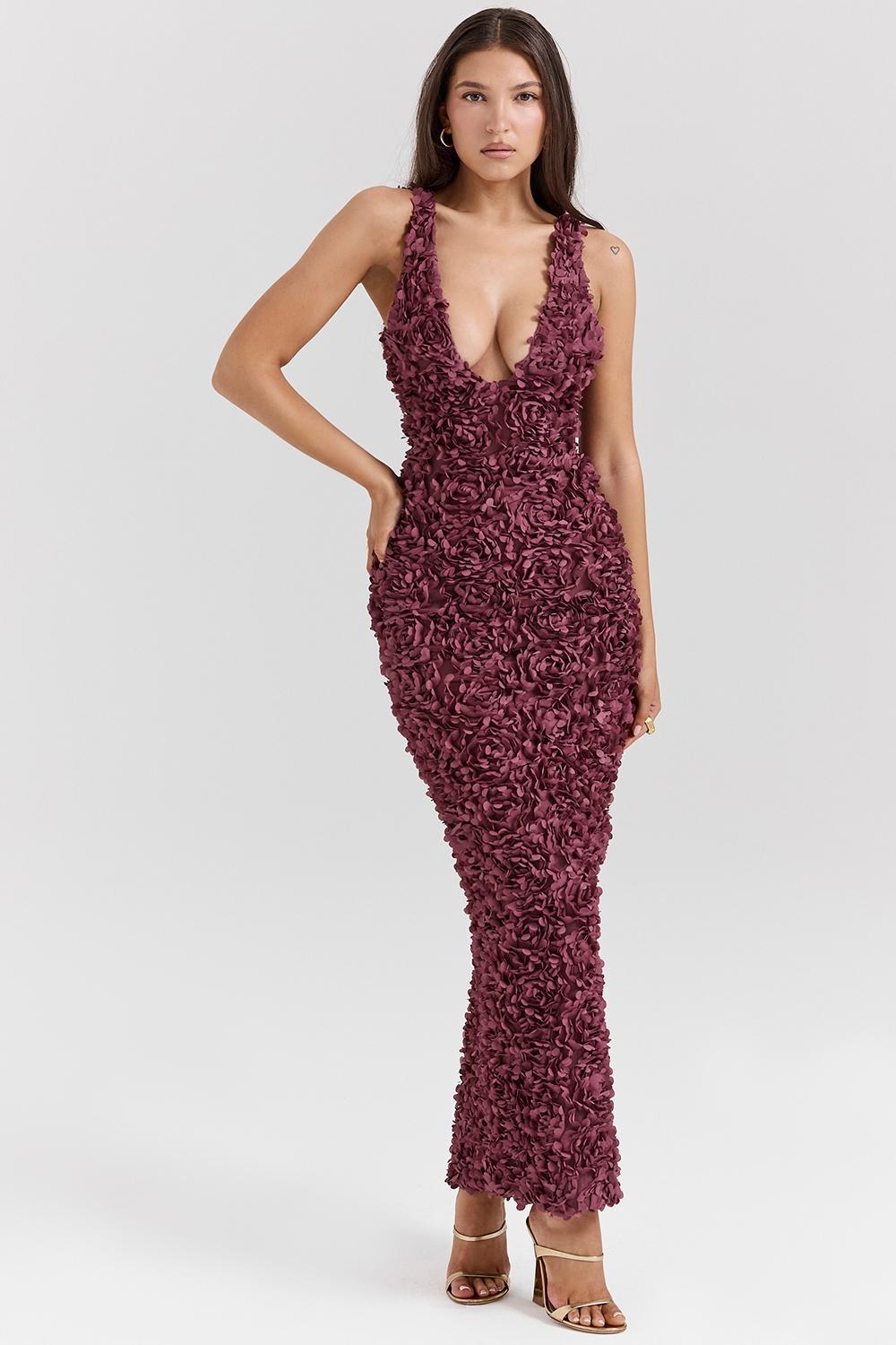 Carena  merlot plunge floral appliqué maxi dress Product Image