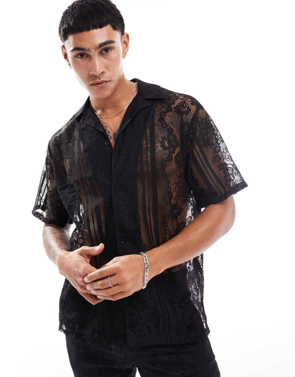 Twisted Tailor camp collar short sleeve lace shirt in black Product Image