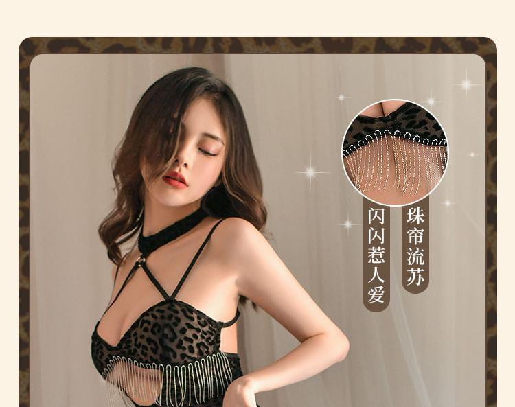 Set: Leopard Print Fringed Cutout Chemise + G-String Product Image