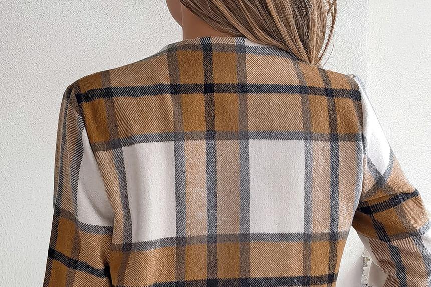 Stand Collar Plaid Open Front Jacket Product Image