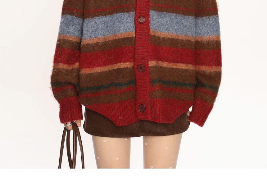 Round Neck Striped Button Up Cardigan Product Image