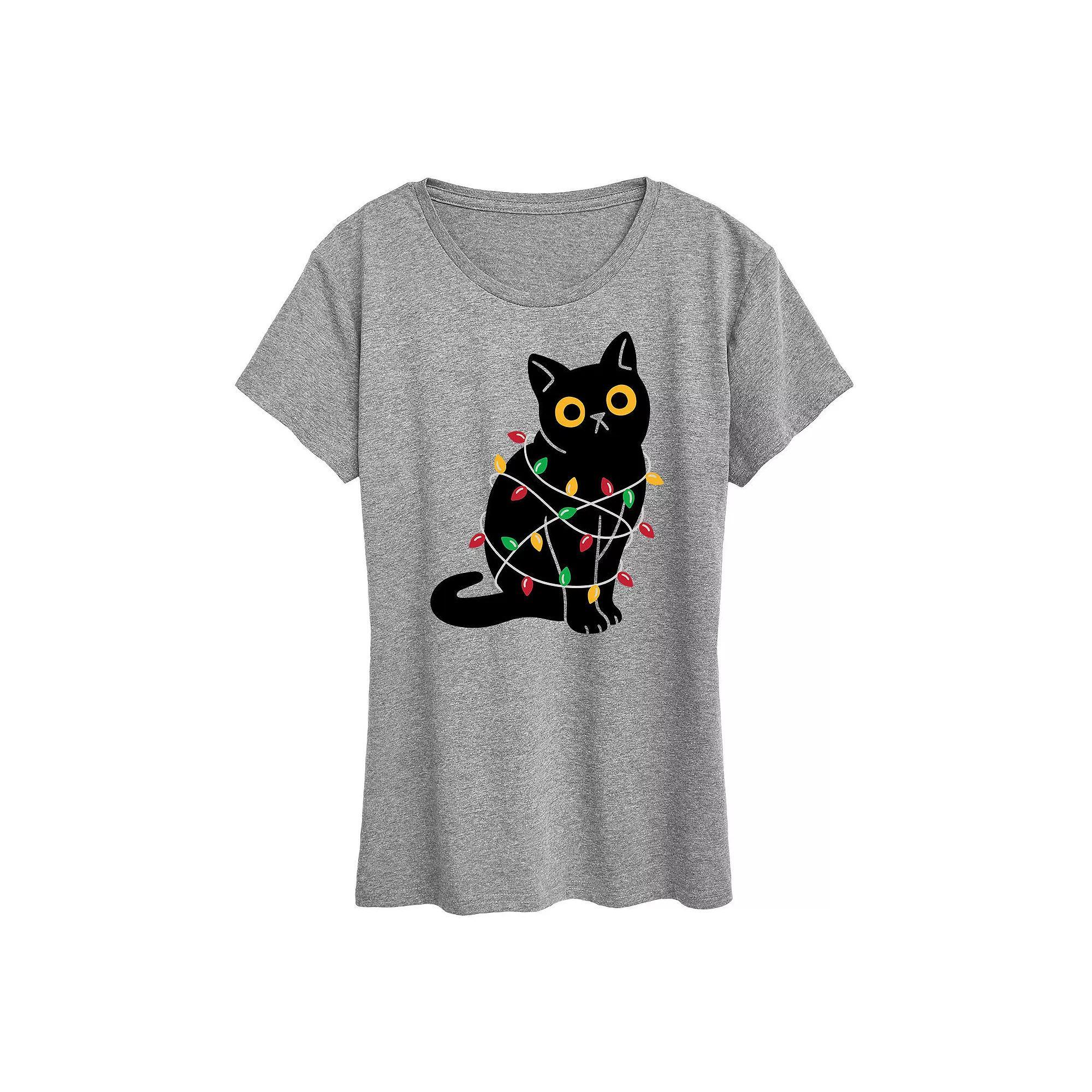 Plus Cat Wrapped In Christmas Lights Graphic Tee, Women's, Size: 4XL, Gray Product Image