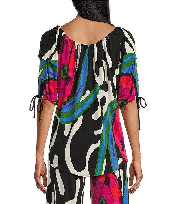 Eva Varro Abstract Print Boat Neck 3/4 Blouson Sleeve Pleated Tie Top Product Image