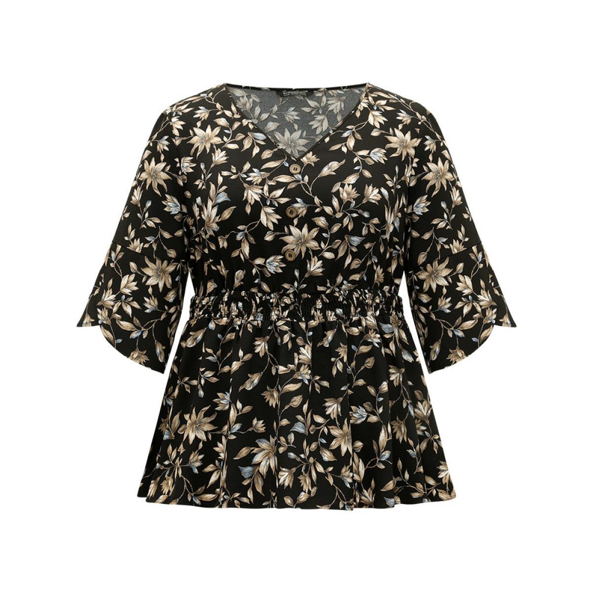Plus Size BlackFlower Floral Print Shirred Button Detail V Neck Petal Sleeve Blouse Women Vacation Half Sleeve V-neck Dailywear Blouses BloomChic 28/5X Product Image