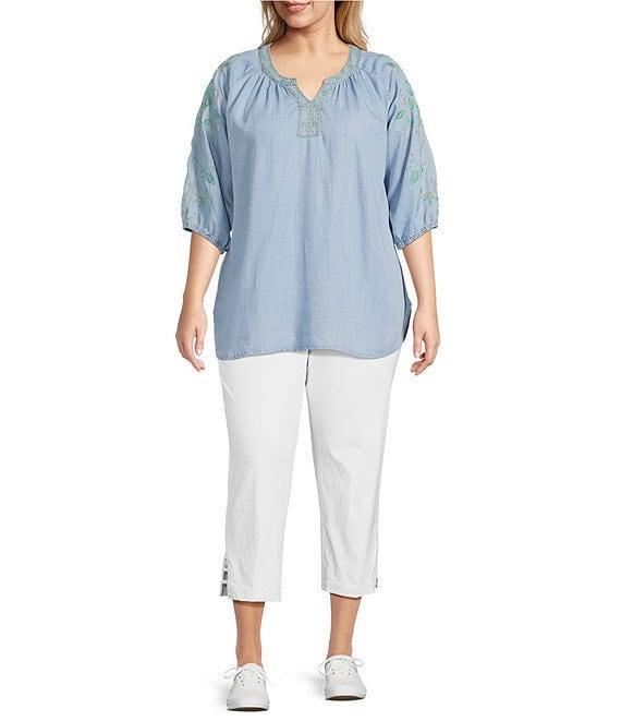 Multiples Plus Size Lyocell Embroidered Elbow Raglan Sleeve Notch Neck Band Collar Hi-Low Hem Top Product Image