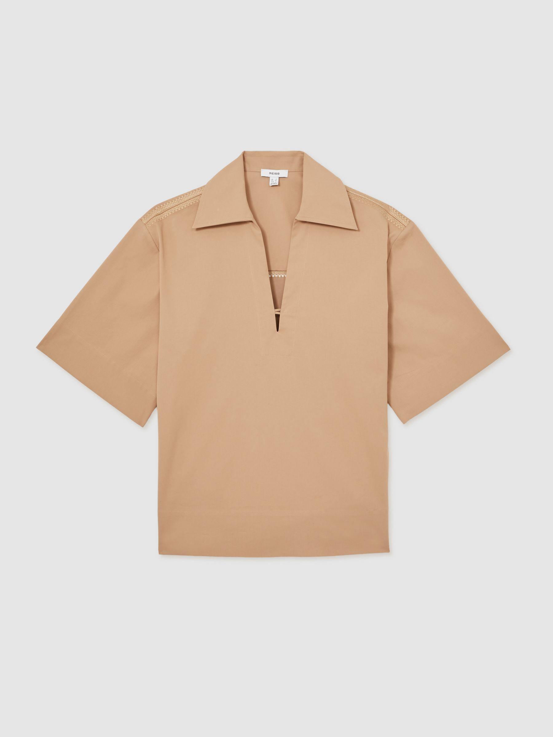 Cotton Blend Craft Stitch Collared Top in Camel Product Image