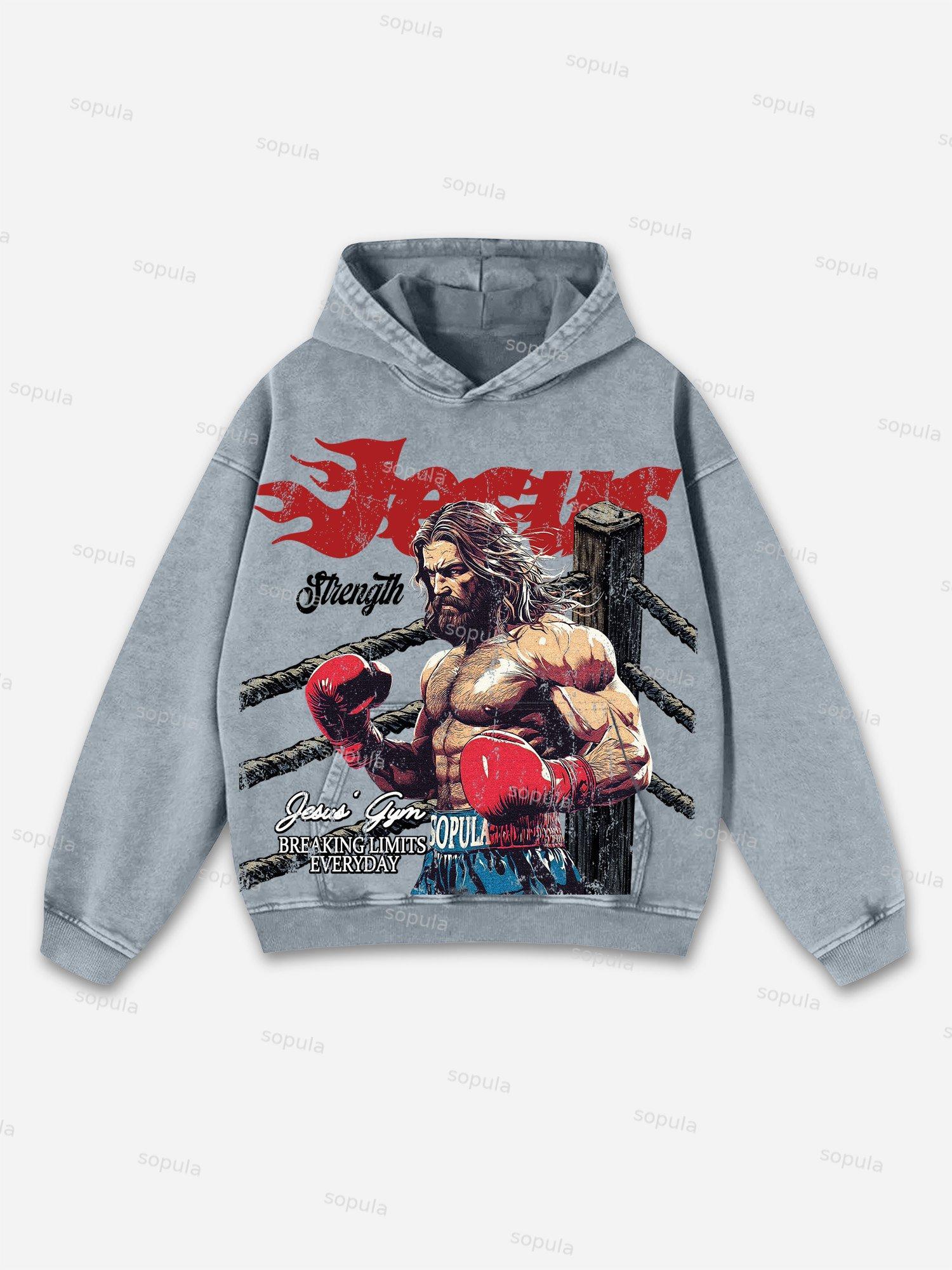 Jesus' Gym Boxer Graphic Print Washed Hoodie Product Image