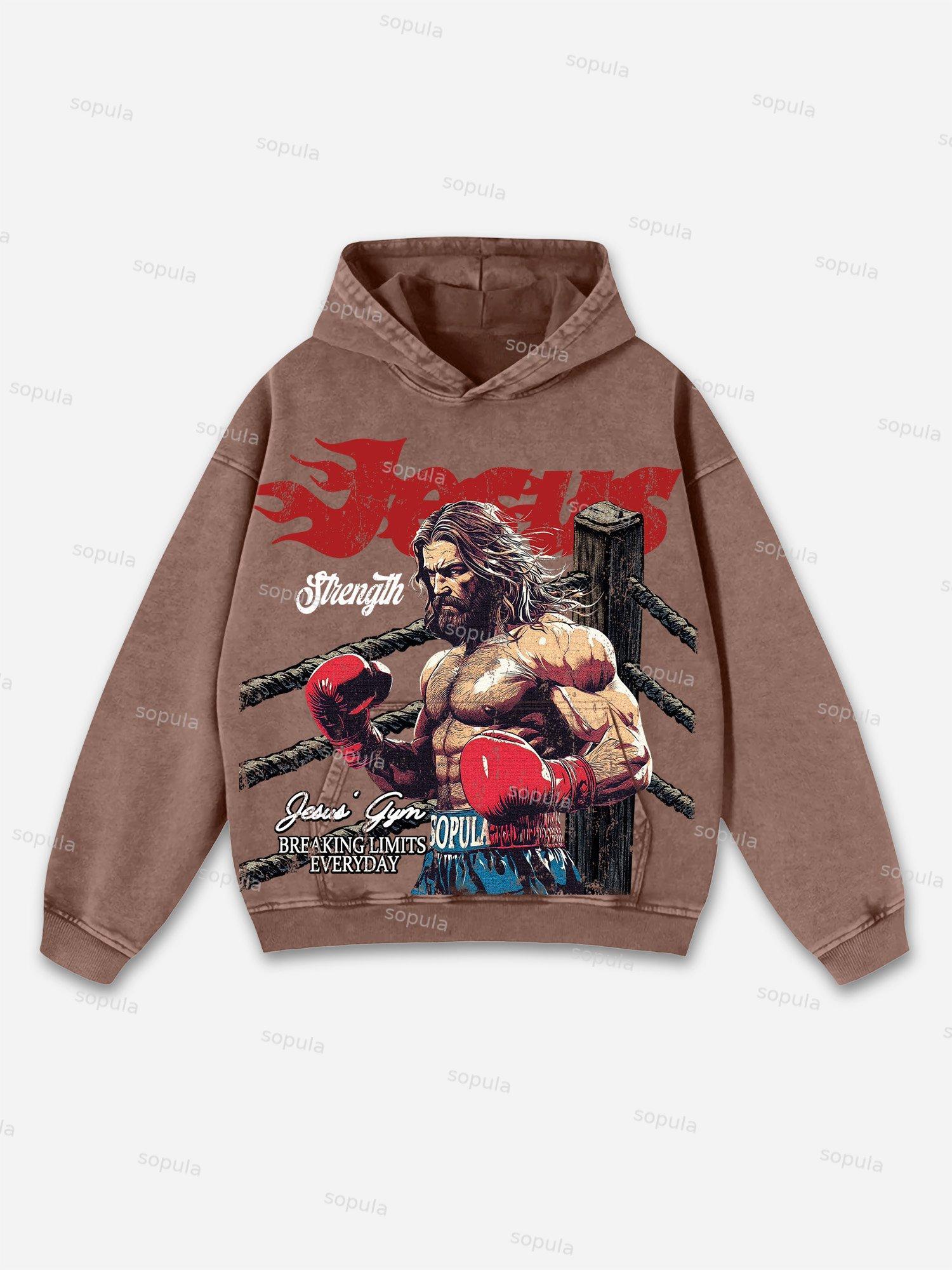 Jesus' Gym Boxer Graphic Print Washed Hoodie Product Image