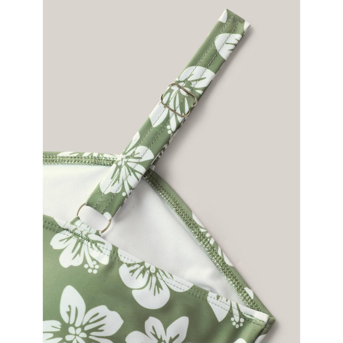 Plus Size Serene Floral Pattern Pleated Swim Dress Women's Swimwear Greenbean Beach Bodycon Heart neckline High stretch Curve Swim Dresses BloomChic 22-24/3X Product Image