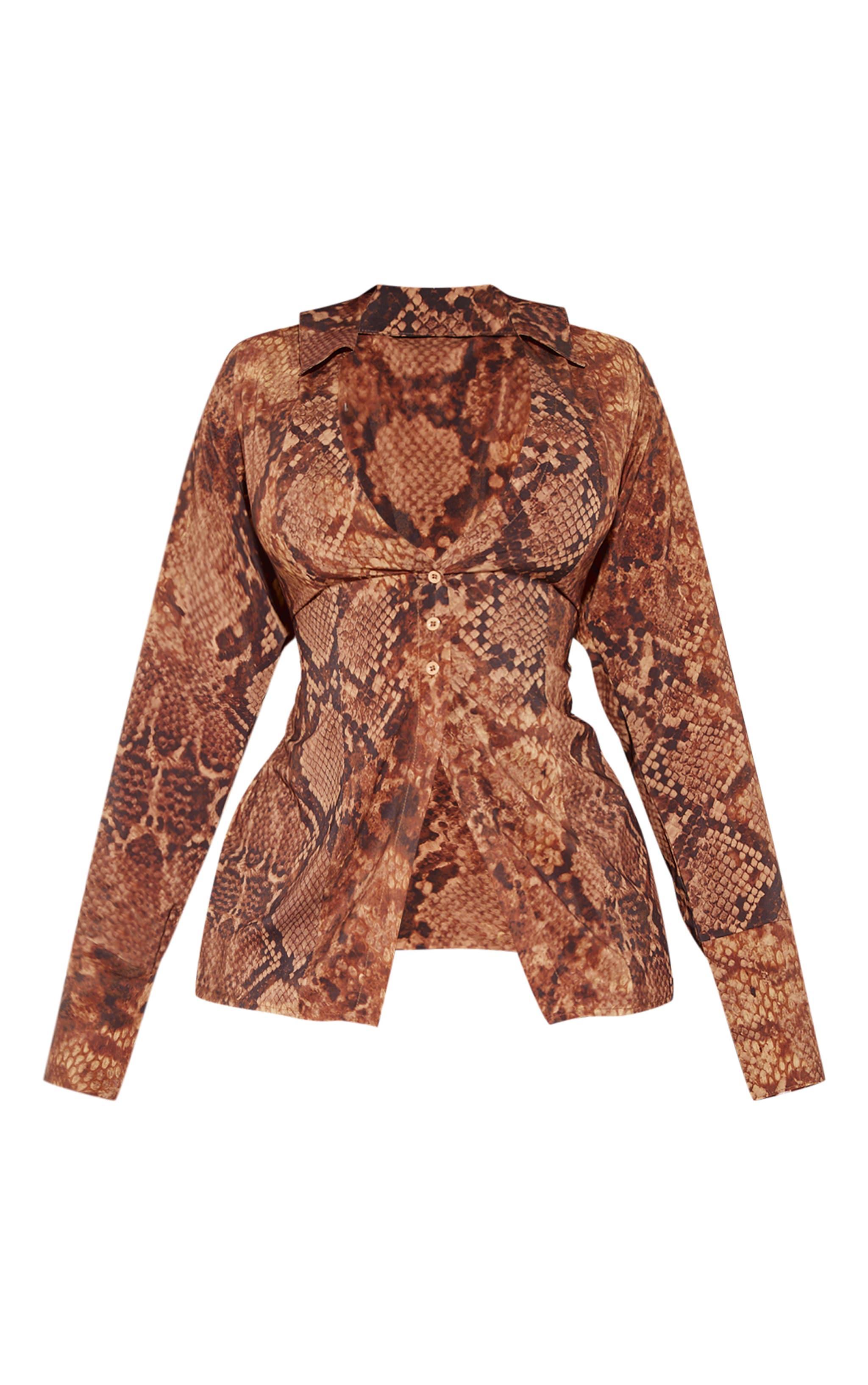 Plus Deep Brown Snake Print Chiffon Fitted Shirt Product Image