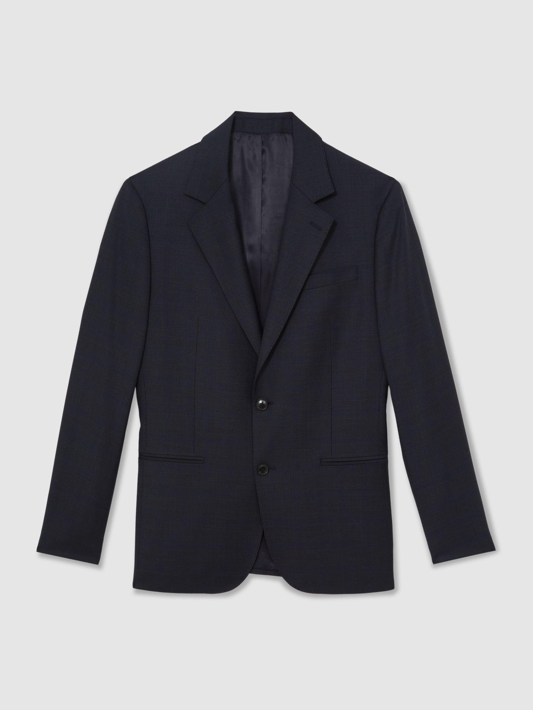 Slim-Fit Wool Single Breasted Check Suit Blazer in Navy Product Image