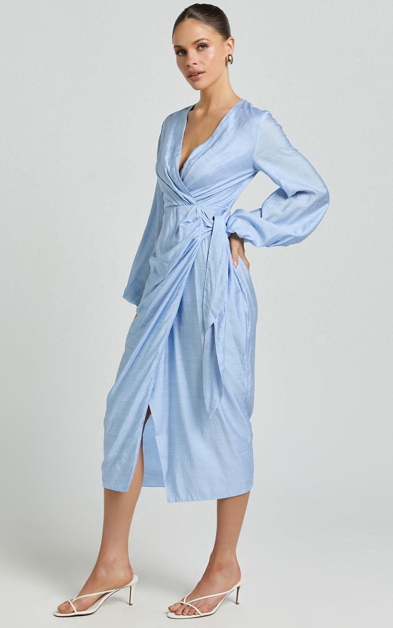 Taylor Midi Dress - Long Sleeve Wrap Dress in Blue Product Image