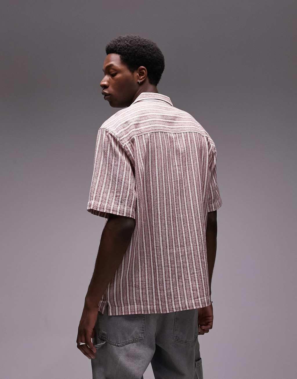 Topman short sleeve relaxed revere textured stripe shirt in red Product Image