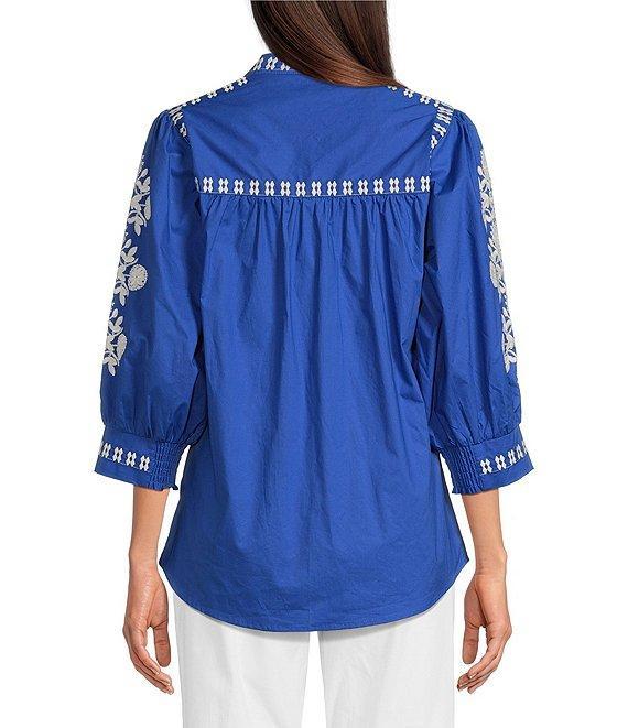 Calessa Petite Size Woven Embroidered Split V-Neck 3/4 Sleeve Button Front Tunic Product Image