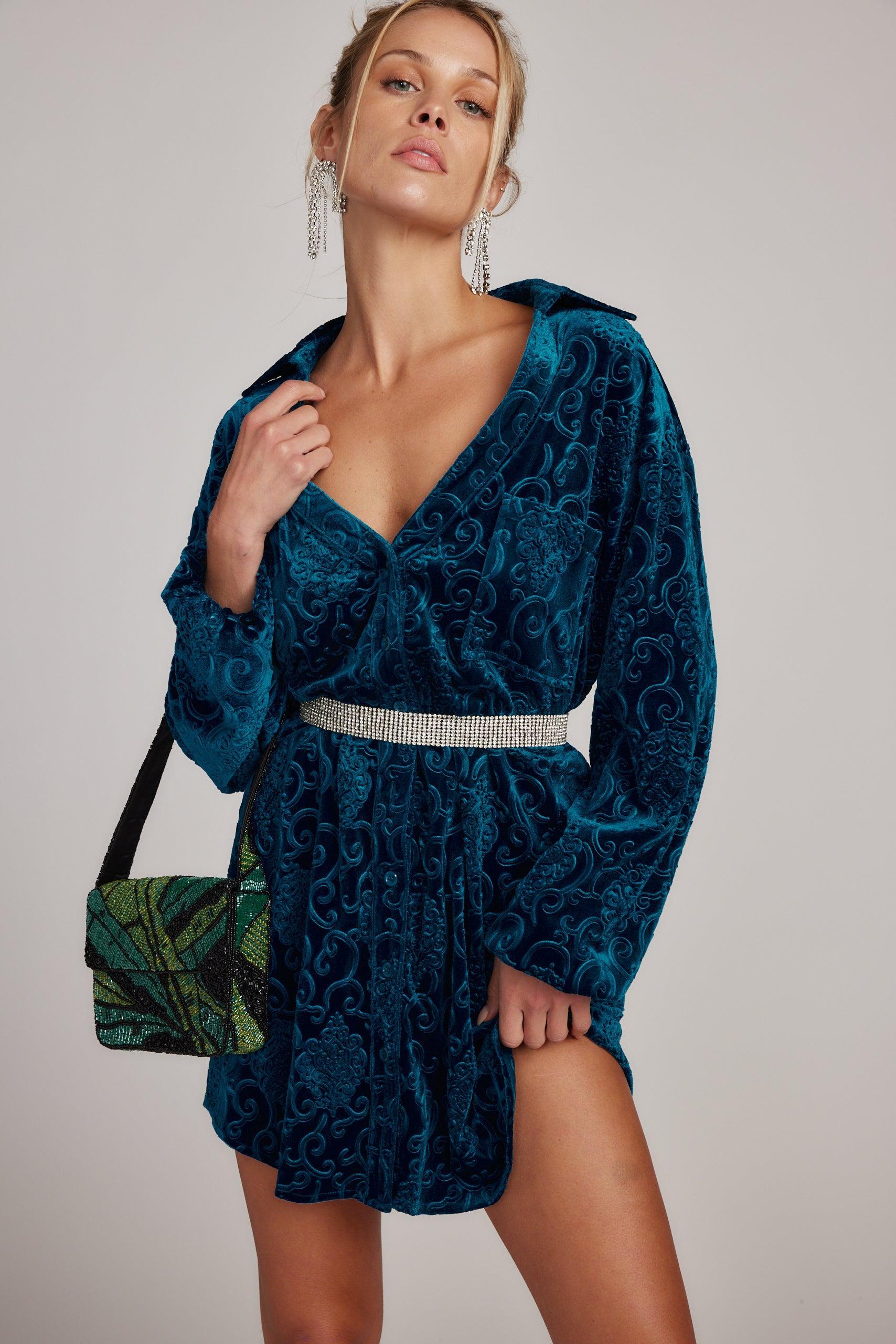 Kali Blue Long Sleeve Velvet Dress Product Image