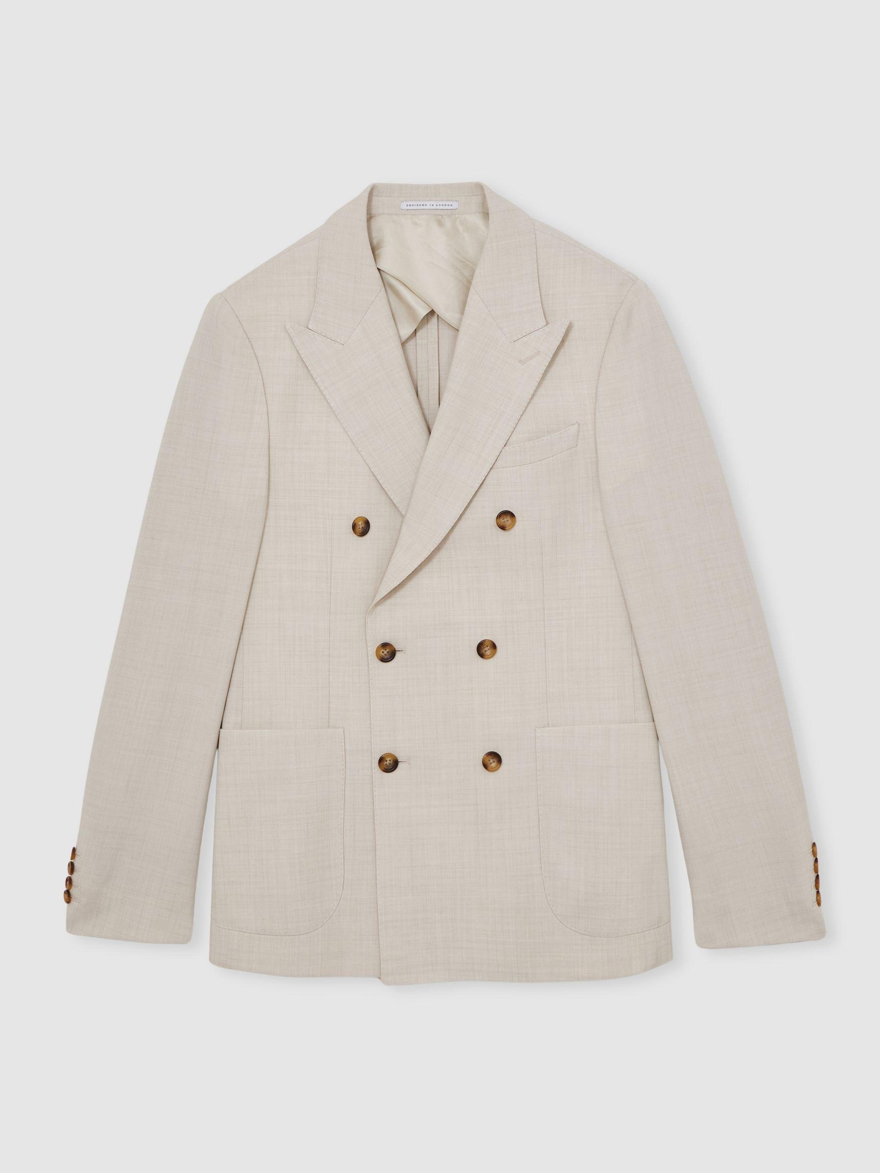 Double-Breasted Textured Suit Blazer Slim-Fit With Wool in Stone Product Image