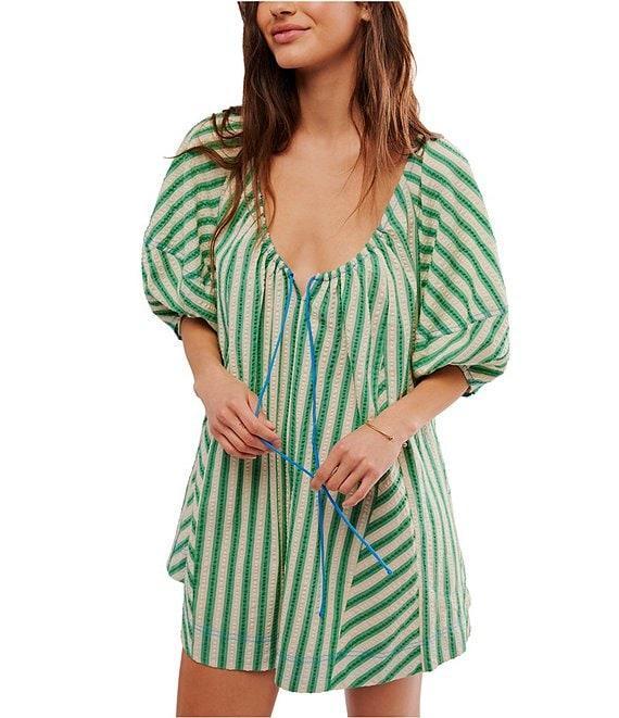 Free People Bop Around Stripe Print Scoop Neckline 3/4 Sleeve Romper Product Image
