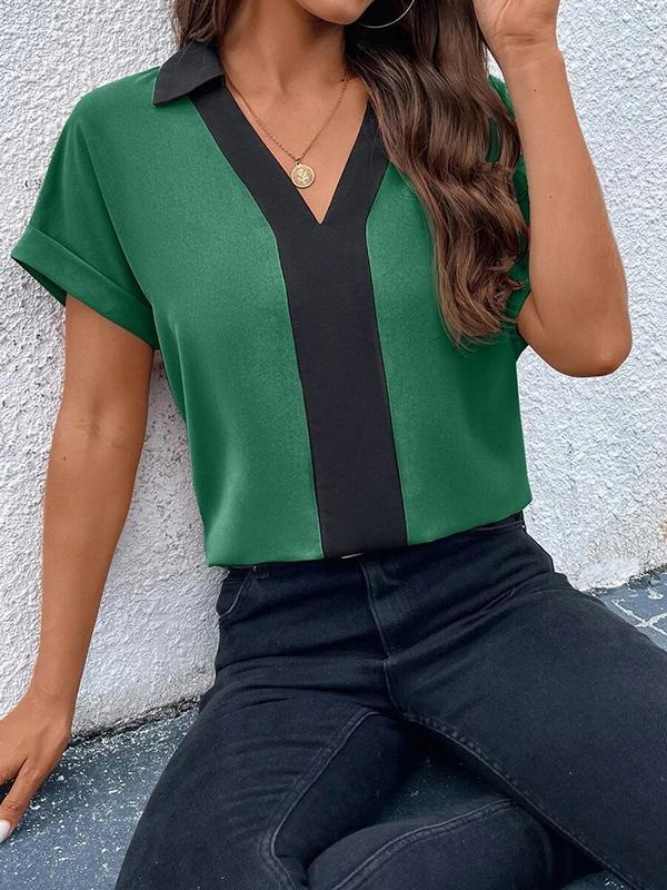 Loose Short Sleeves Contrast Color V-Neck T-Shirts Tops Product Image