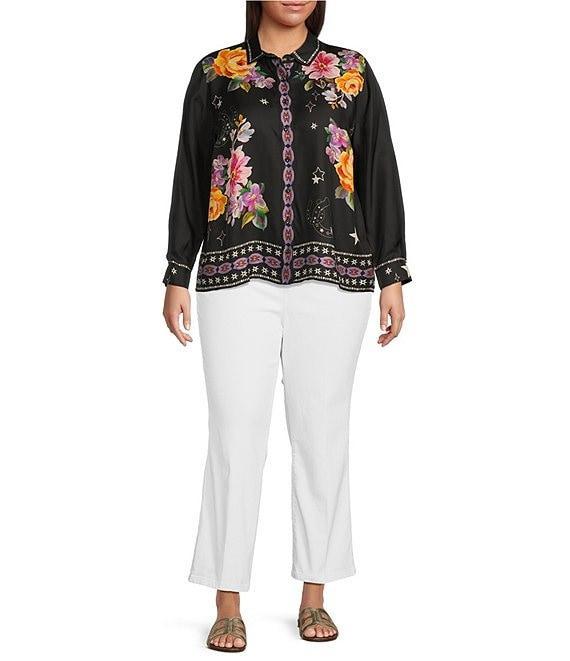 JOHNNY WAS Plus Size Placement Floral and Border Print Point Collar Long Sleeve Button Front Shirt Product Image