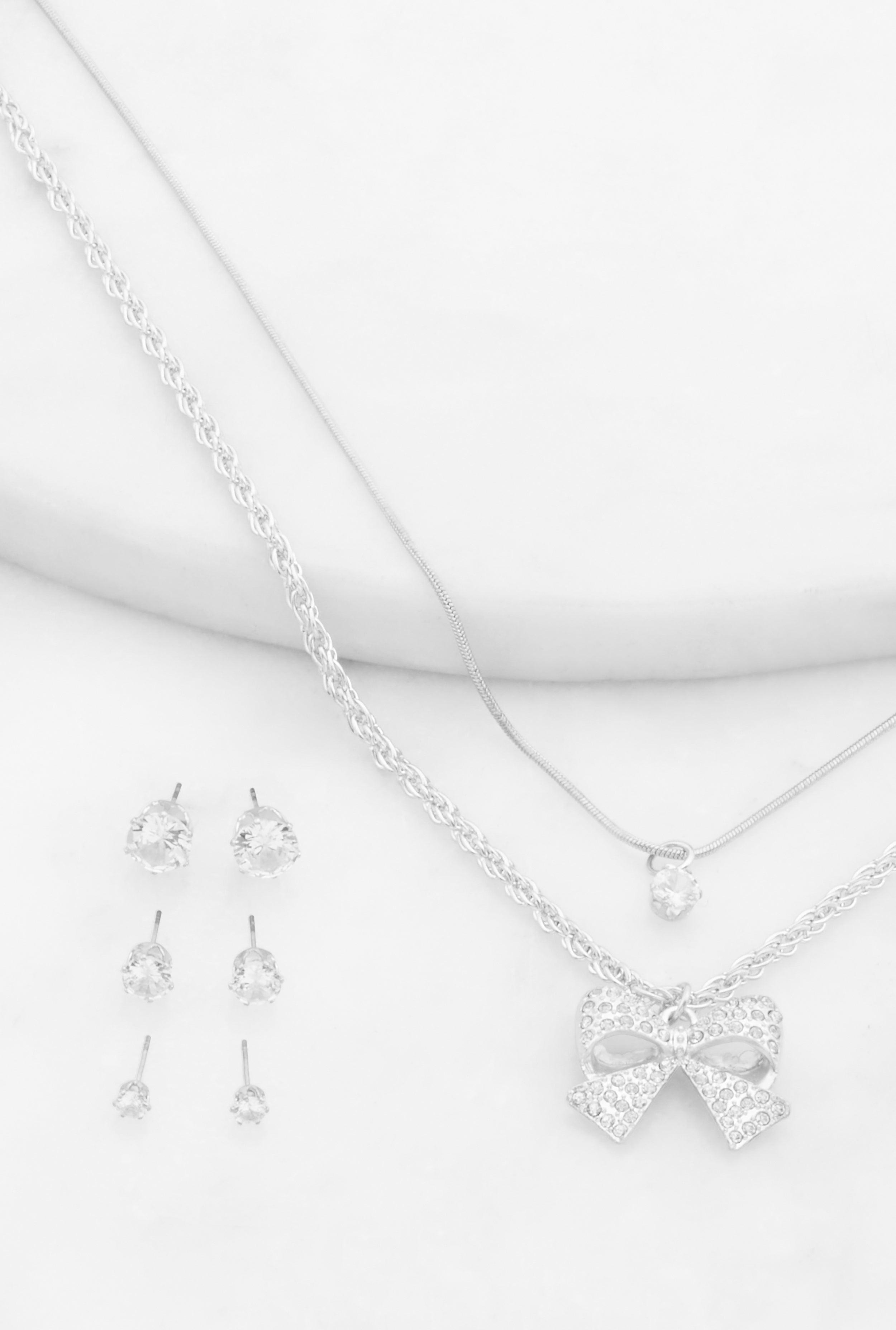 Womens Bow Layered Necklace and Cubic Zirconia Earrings Set Product Image