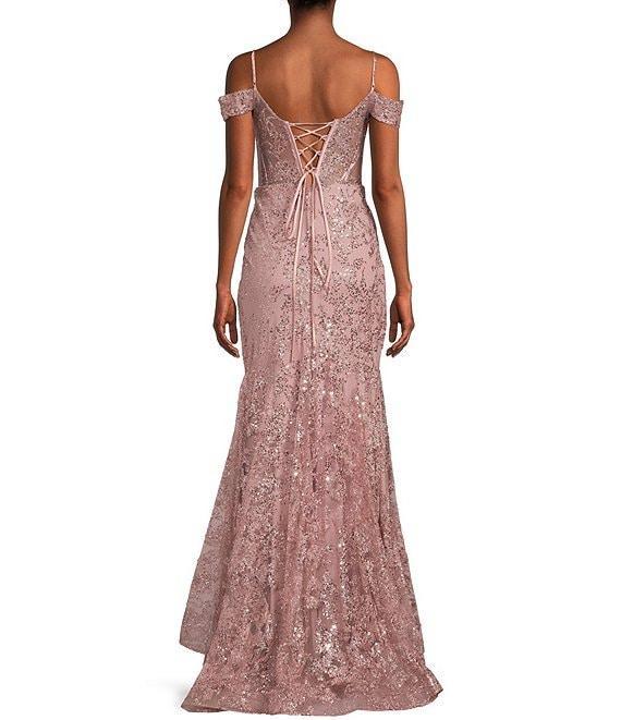 Blondie Nites Glitter Off-The-Shoulder Corset Trumpet Dress Product Image