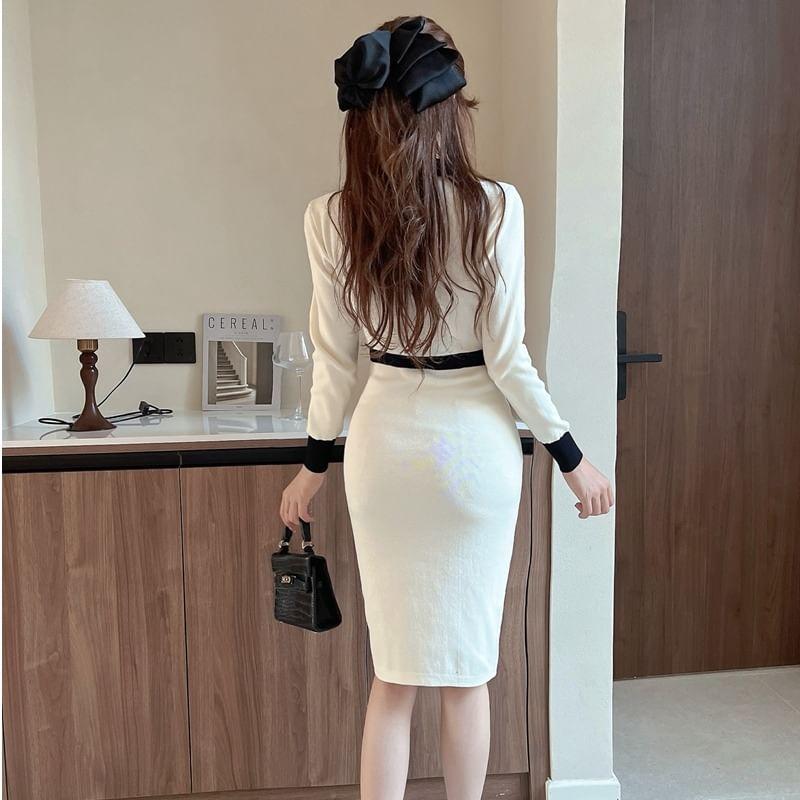 Long-Sleeve Collared Two Tone Knit Midi Sheath Dress Product Image