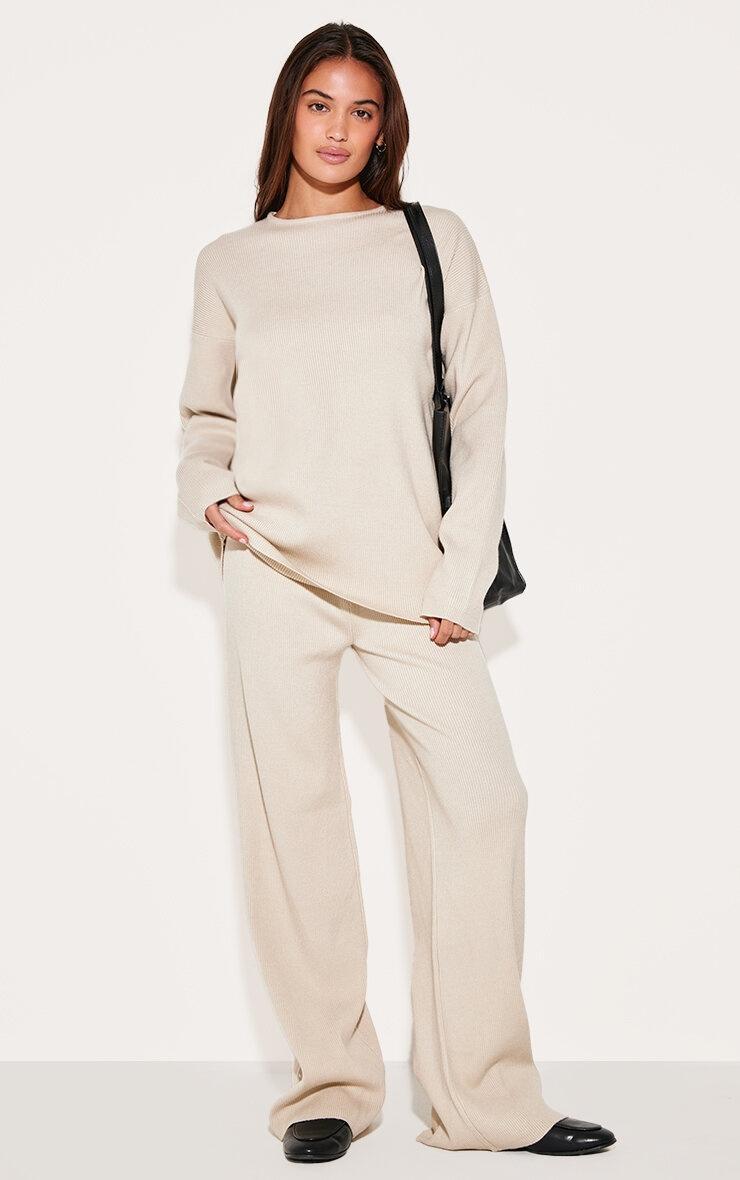 Oatmeal Light Rib Knit Wide Leg Pants Product Image