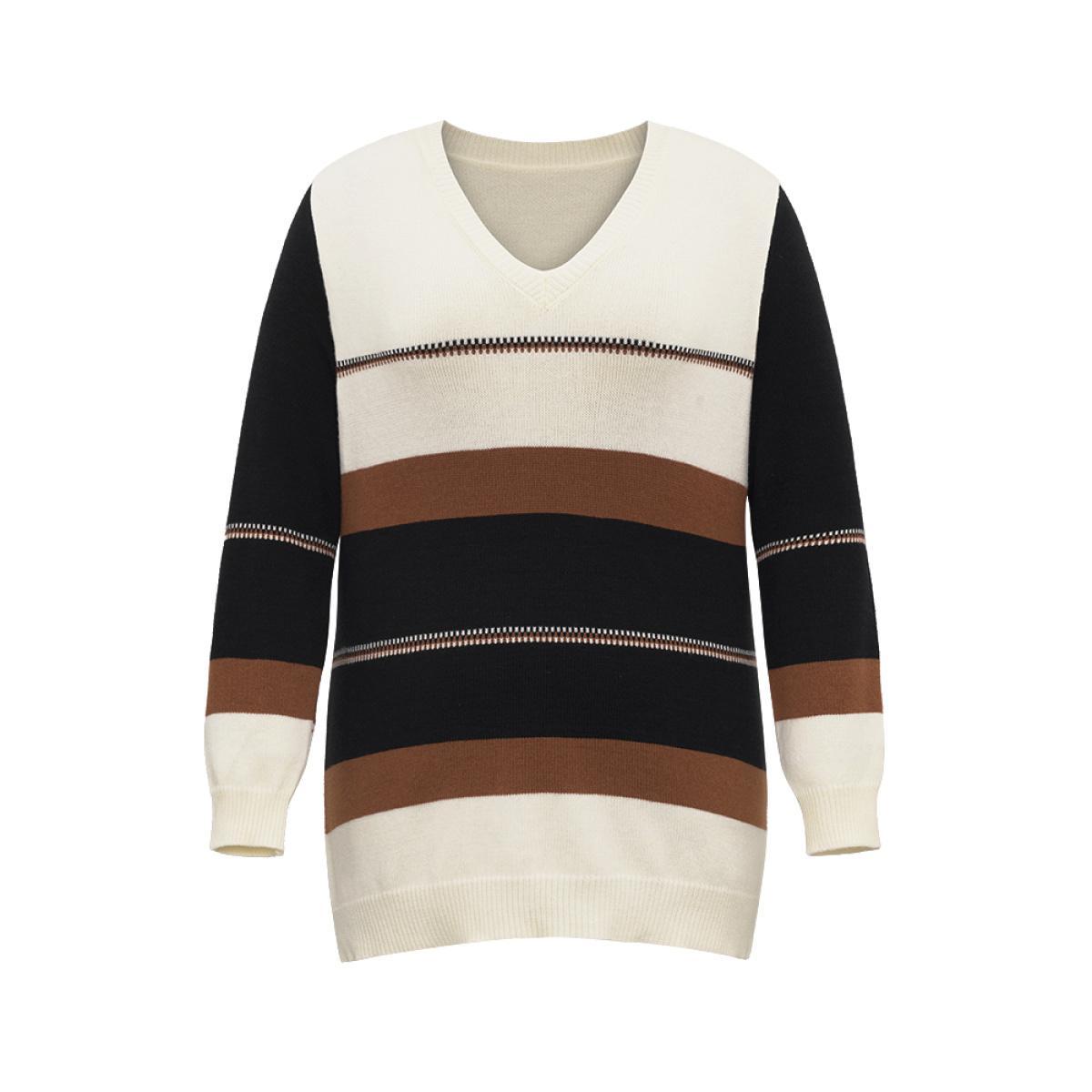 Plus Size Supersoft Essentials Colorblock Very Stretchy Pullover Multicolor Women Casual Loose Long Sleeve V-neck Dailywear Pullovers BloomChic 14-16/1X Product Image