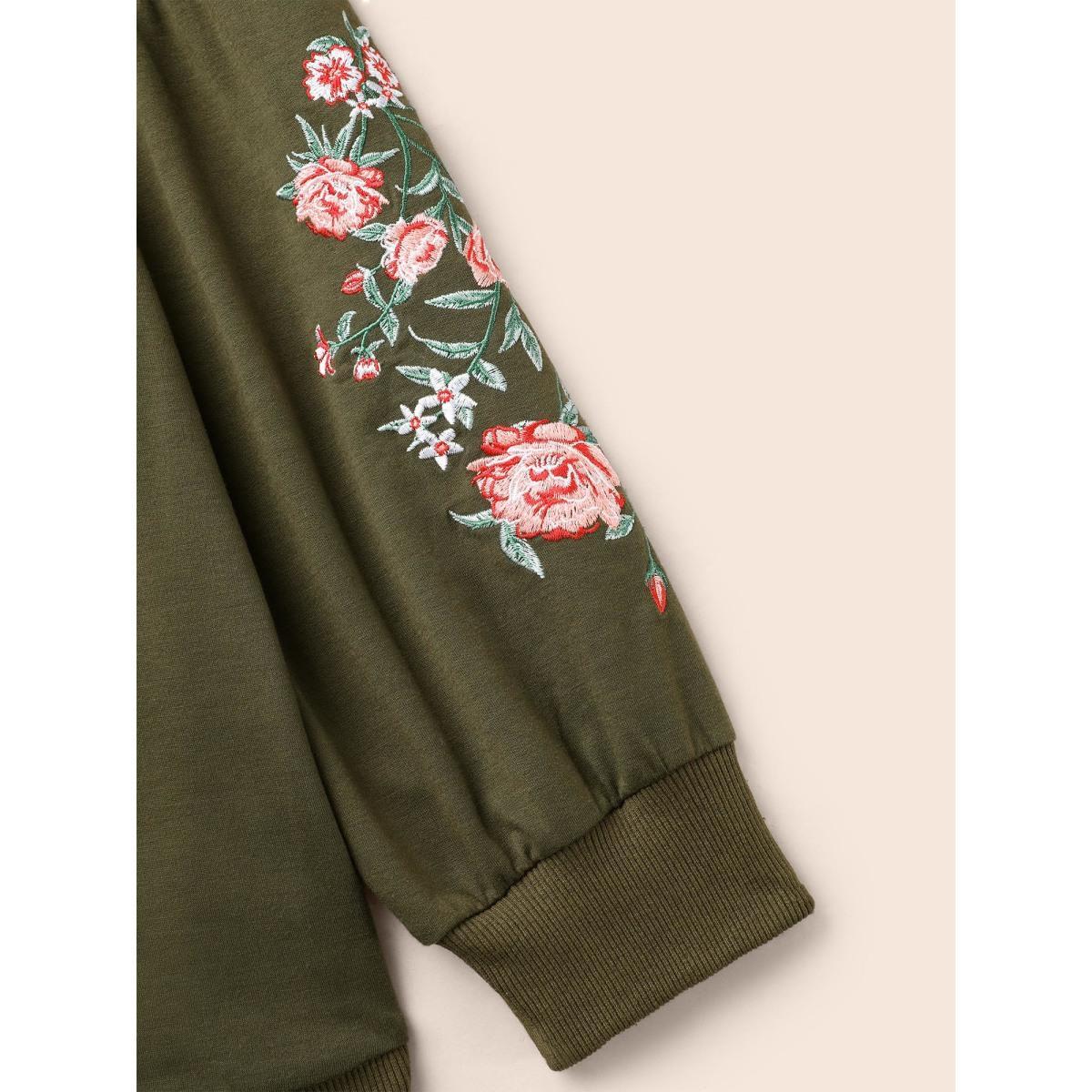 Plus Size Floral Embroidered Crew Neck Gathered Sweatshirt Women ArmyGreen Casual Embroidered Round Neck Everyday Sweatshirts BloomChic 26/4X Product Image