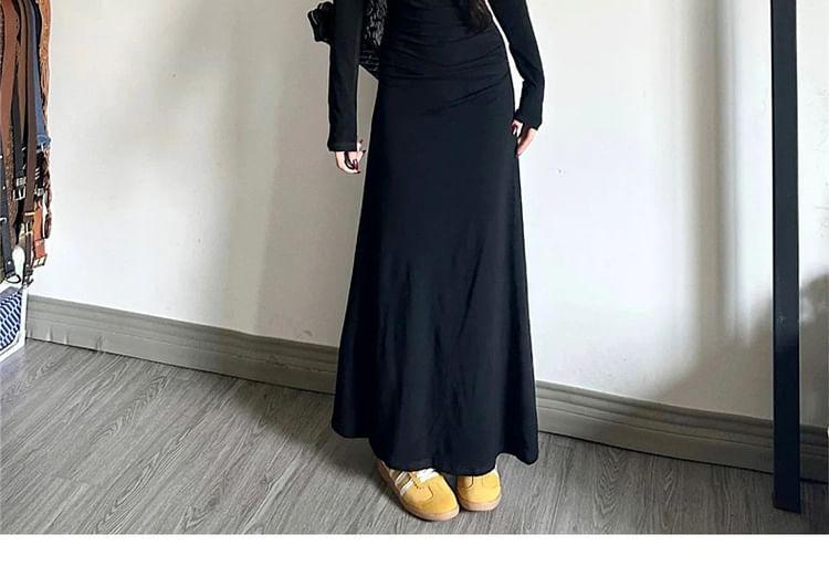 Long-Sleeve Henley Plain Maxi A-Line Dress Product Image