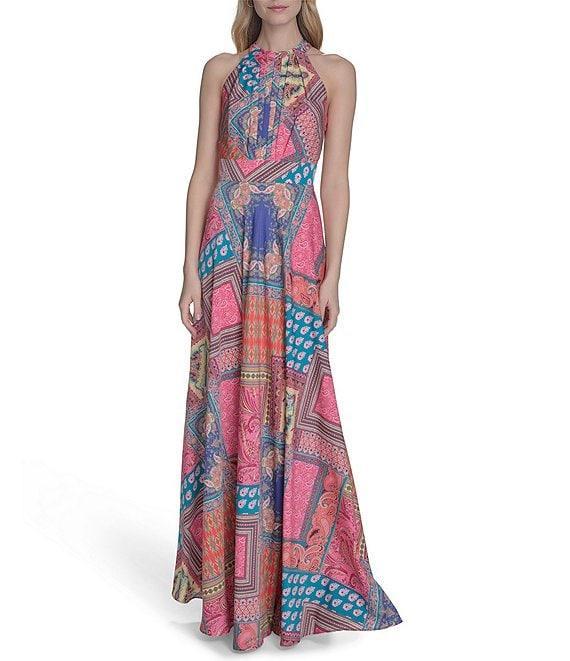 Eliza J Crepe Scarf Print Halter Neck Sleeveless Sheath Maxi Dress Product Image