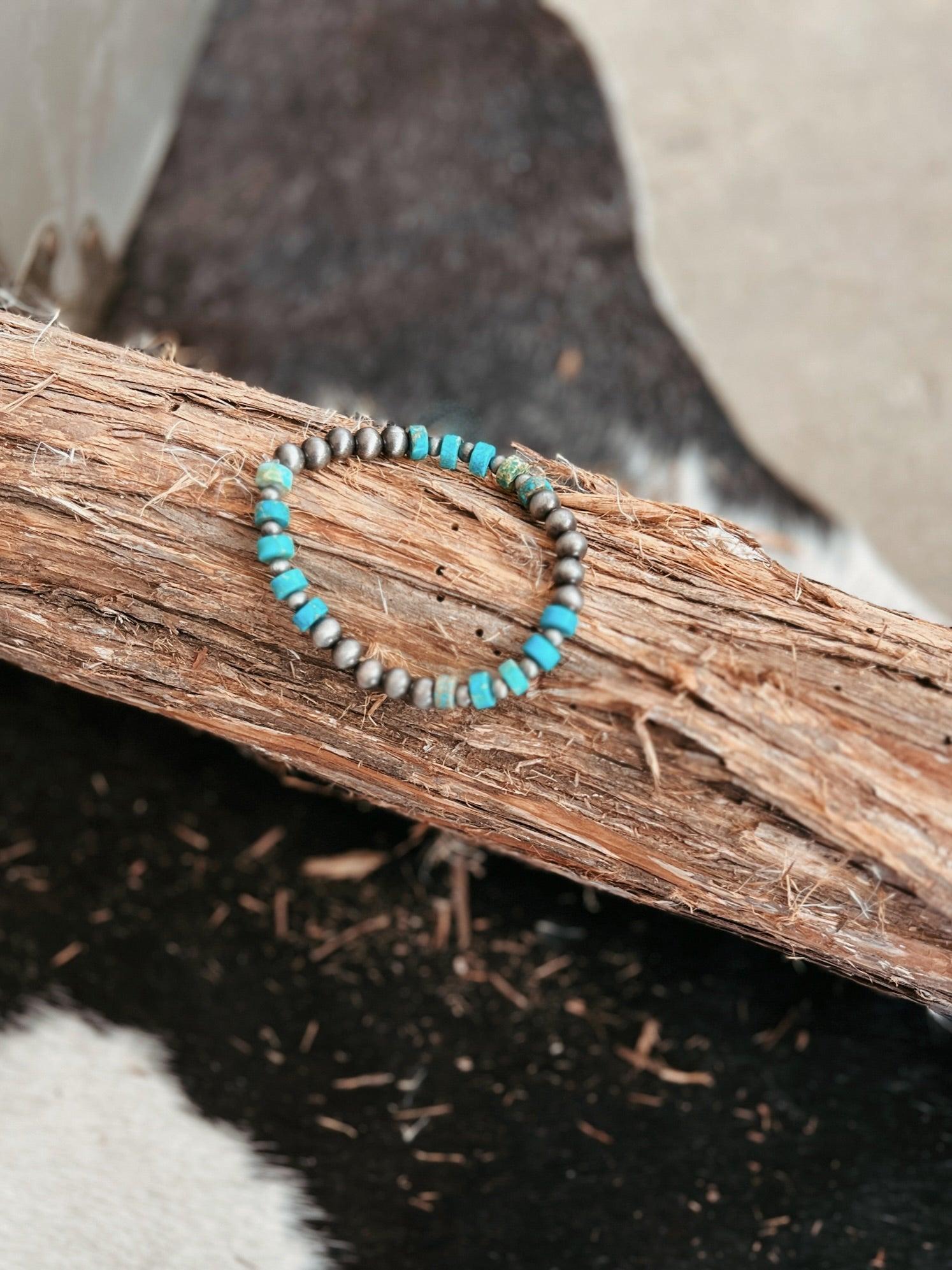 Turquoise Gemstone and Silver Bead Stretch Bracelet Product Image