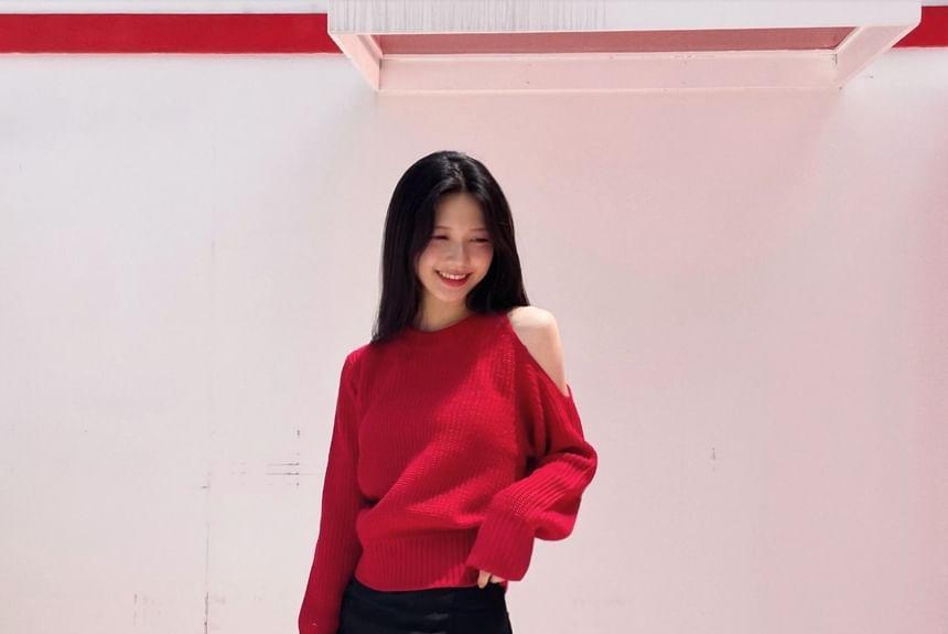 Plain Cold-Shoulder Sweater Product Image