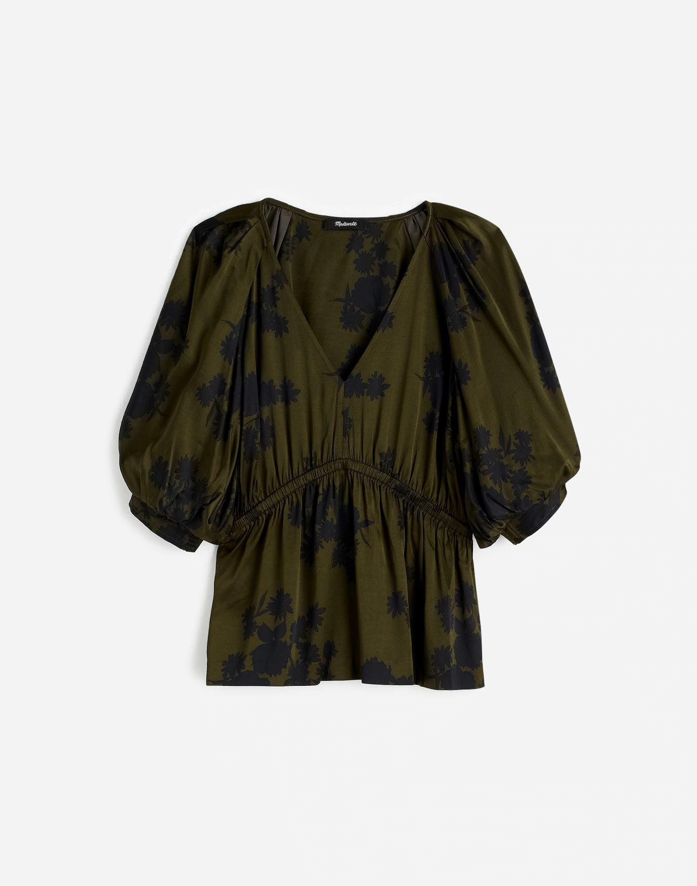 Shirred Puff-Sleeve Top in Satin Product Image