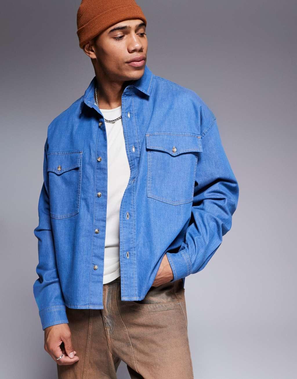 ASOS DESIGN boxy denim overshirt in mid wash blue Product Image