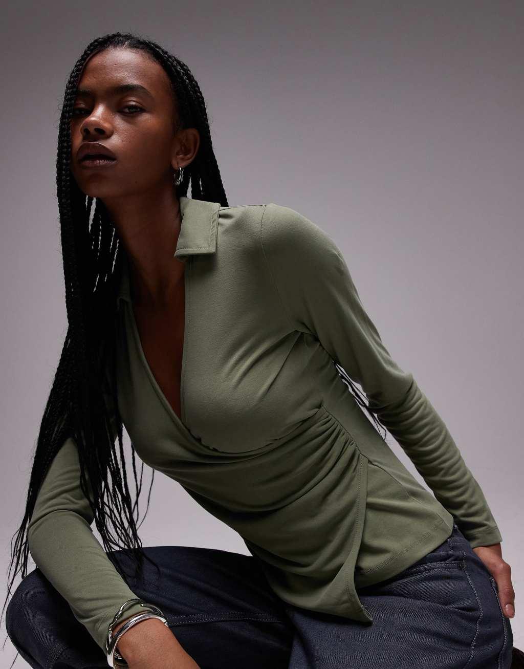 Topshop cupro long sleeve wrap top in green Product Image