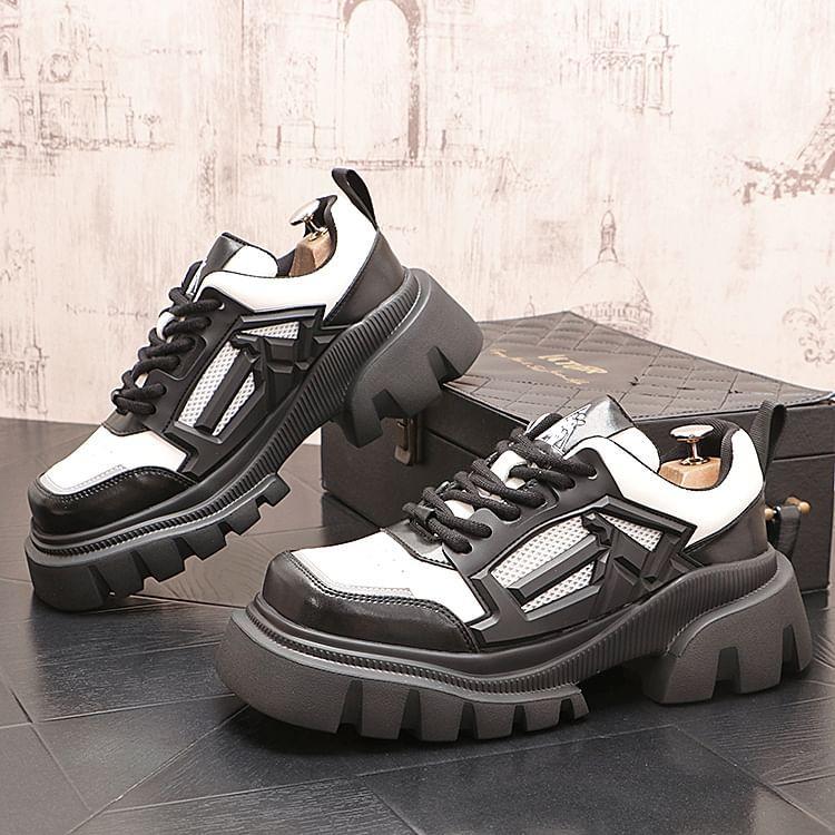 Platform Square Toe Mesh Panel Lace-Up Faux Leather Shoes Product Image