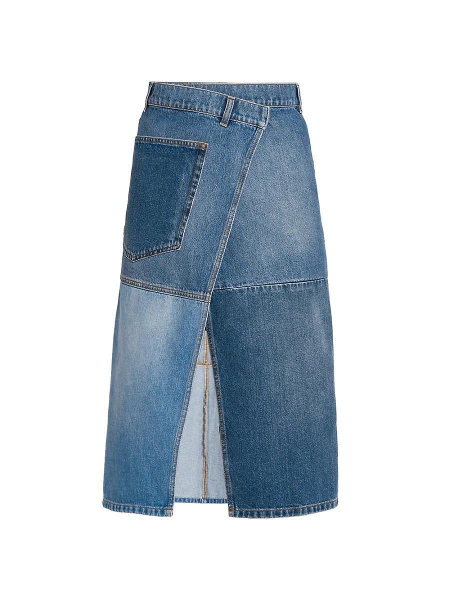 Womens Asymmetric Patchwork Denim Midi-Skirt Size 0 Product Image