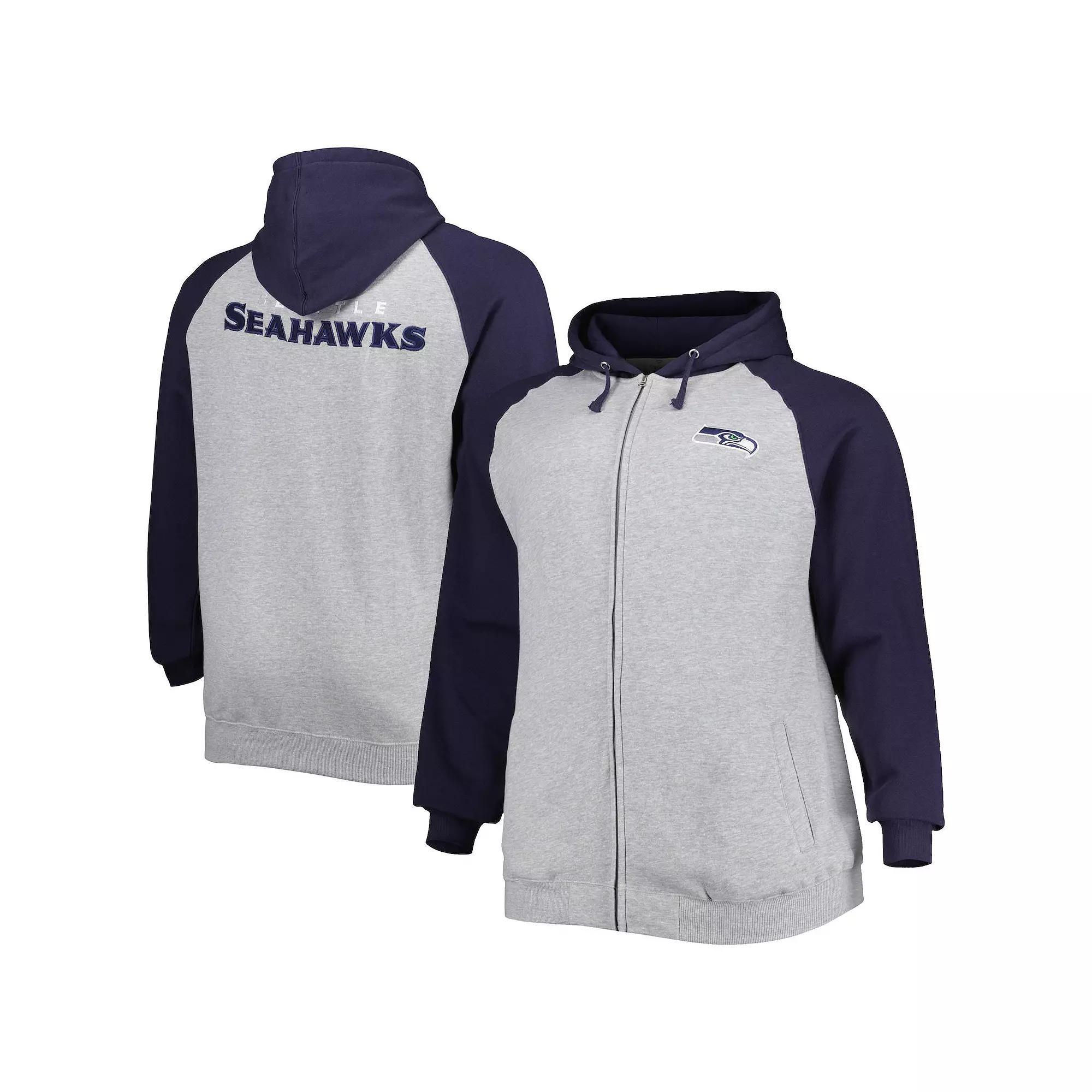 Men's Heather Gray Seattle Seahawks Big & Tall Fleece Raglan Full-Zip Hoodie Jacket, Size: 4XB, Grey Product Image