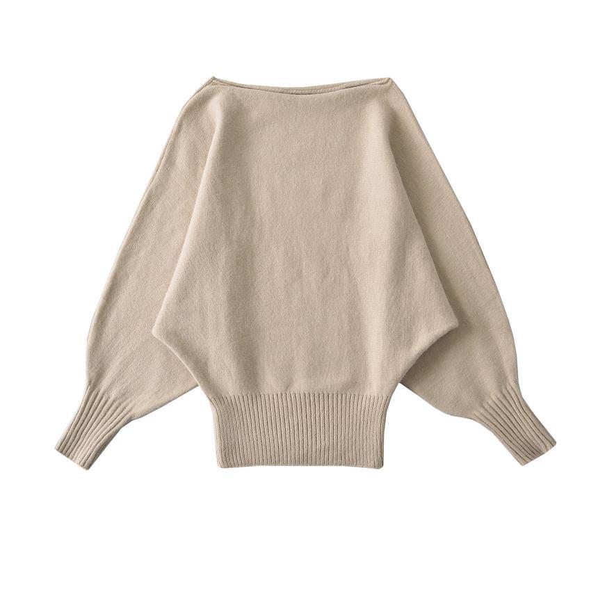 Set: Off-Shoulder Long-Sleeve Plain Pullover + High Waist Shorts Product Image