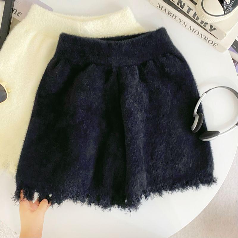 High Waist Plain Distressed Knit Shorts Product Image