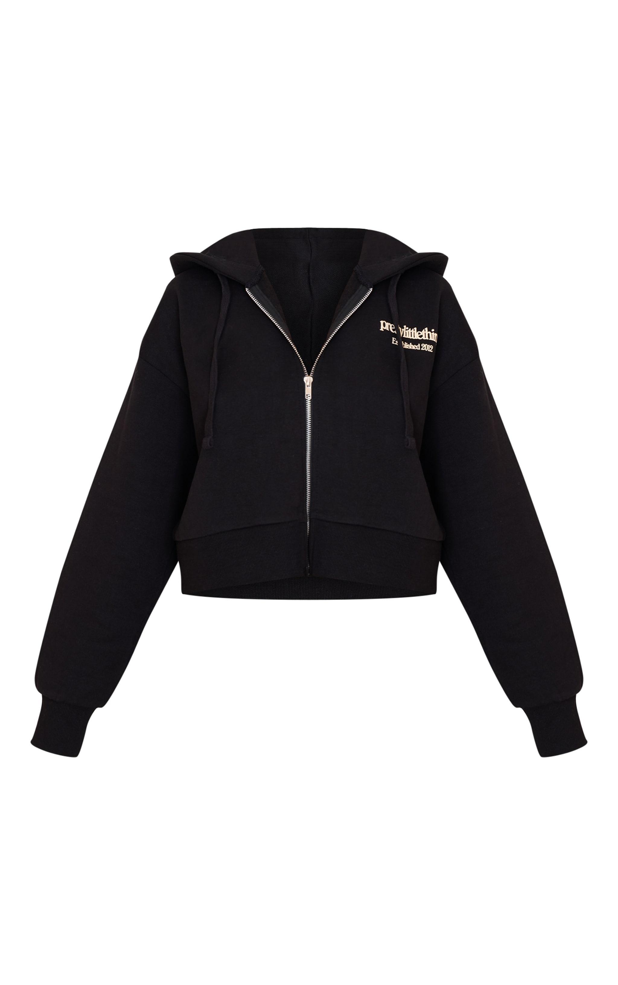 PRETTYLITTLETHING Petite Black Premium Print Zip Front Hoodie Product Image