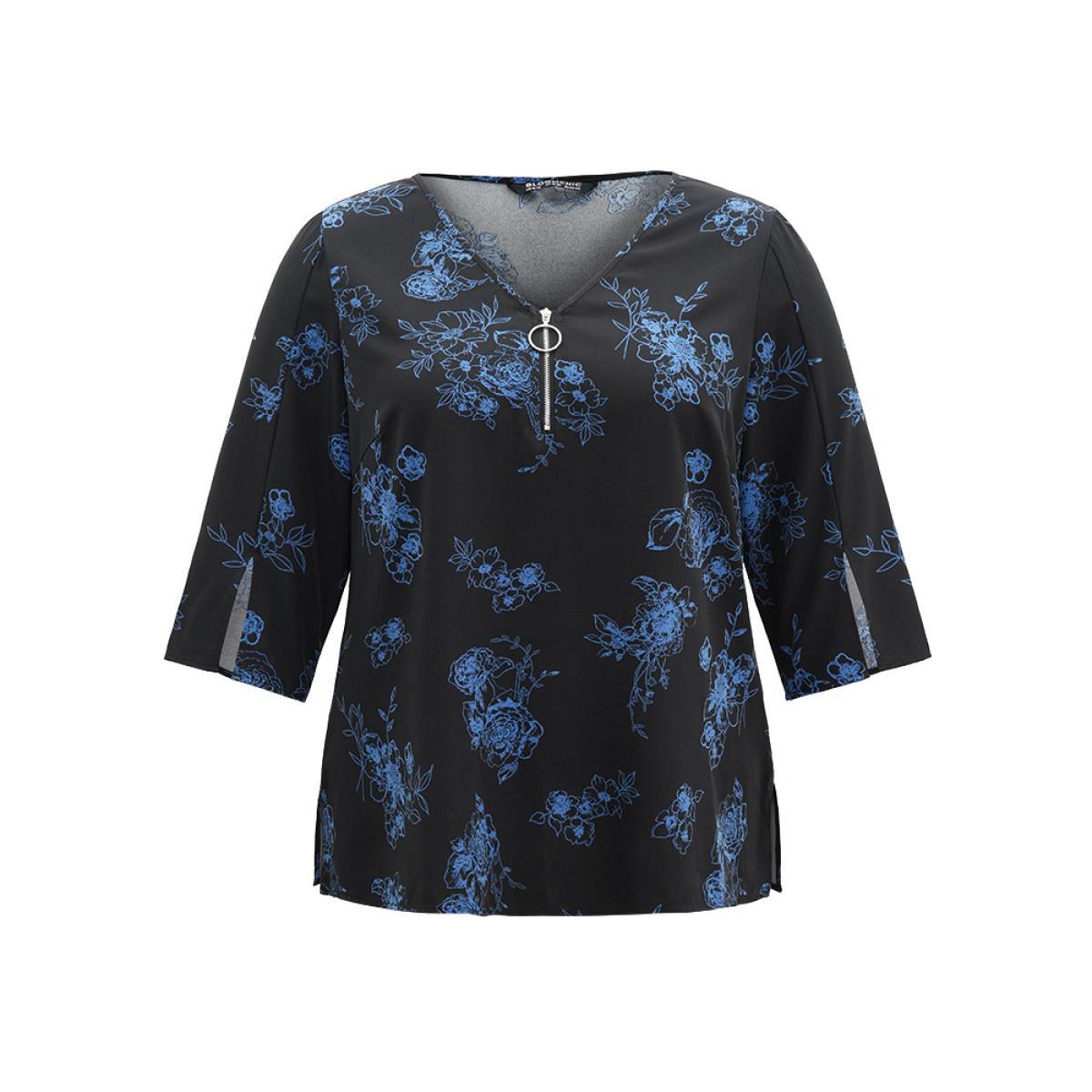 Plus Size Black Silhouette Floral Print Half Zip Split Sleeve Blouse Women Elegant Elbow-length sleeve V-neck Office Blouses BloomChic 14-16/1X Product Image