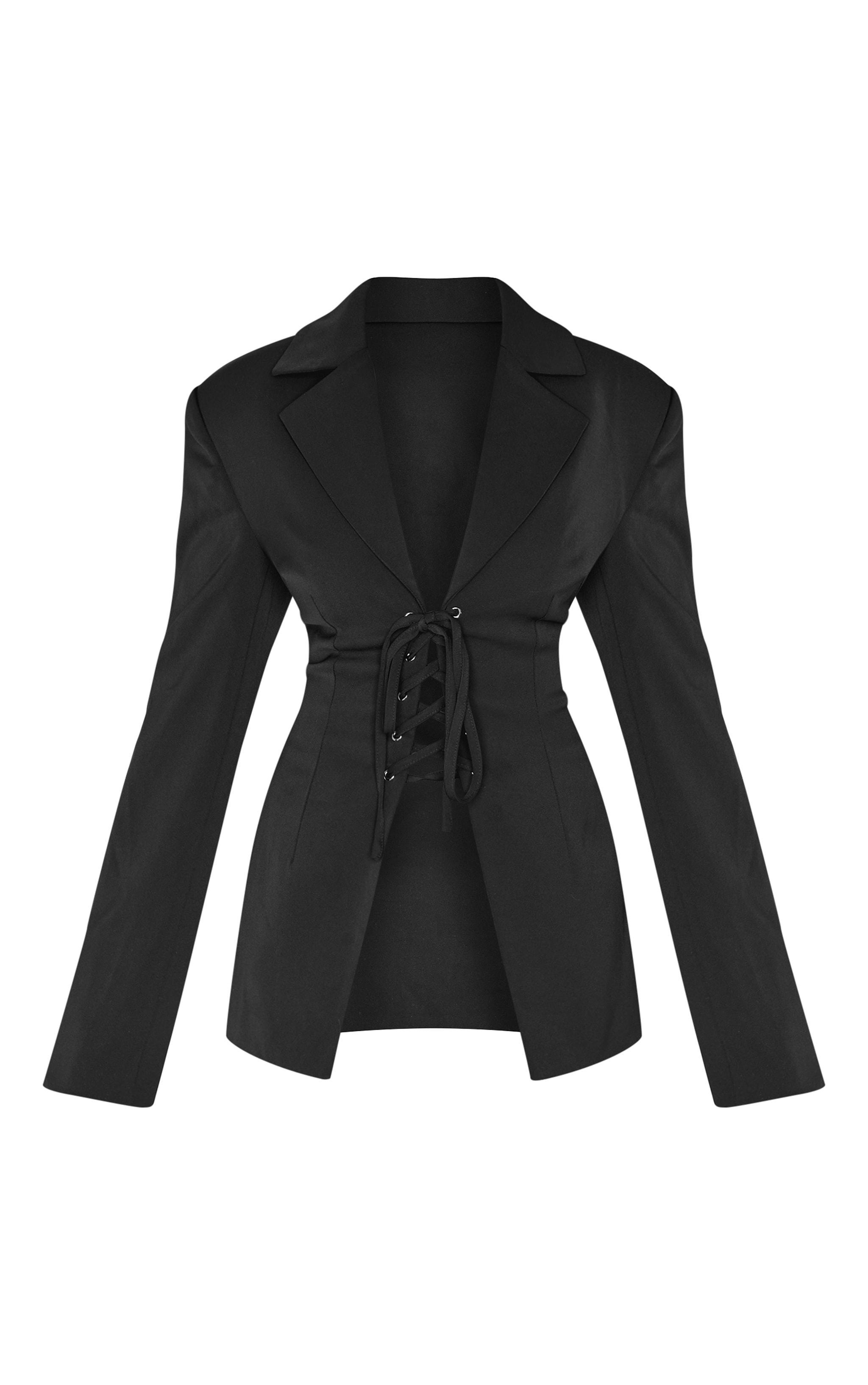 Black Lace Up Tie Front Blazer Product Image