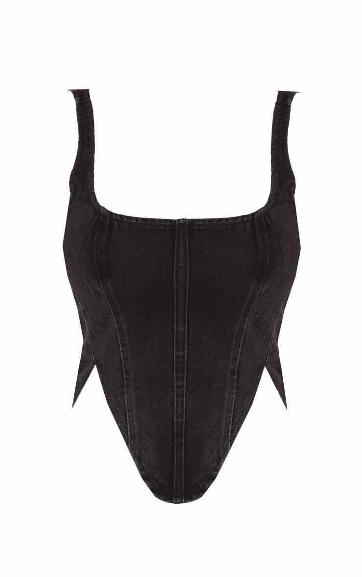 Petite Washed Black Denim Lace Up Corset Top Product Image