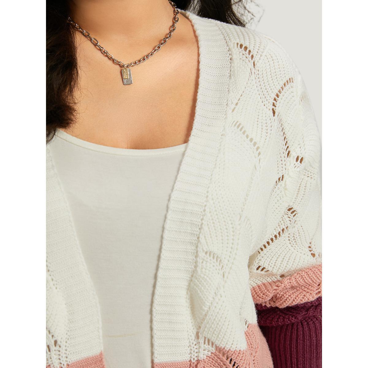 Plus Size Colorblock Contrast Open Front Eyelet Cardigan Multicolor Women Casual Loose Long Sleeve Dailywear Cardigans BloomChic 12/L Product Image